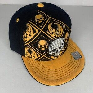 Leader In Headwear Yellow Black Skull Fitted Cap Holographic Sticker Size XXS